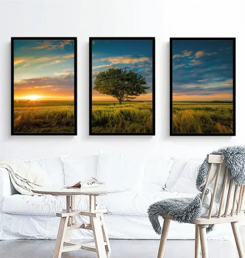 Kit 3 Quadros Decorativos Paisagem Arvore Para Sala Moldura