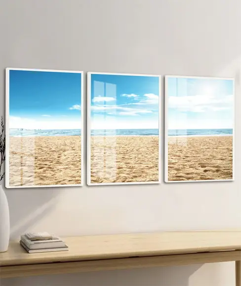 Kit 3 Quadros Decorativos Paisagem Azul Mar Moldura e Vidro