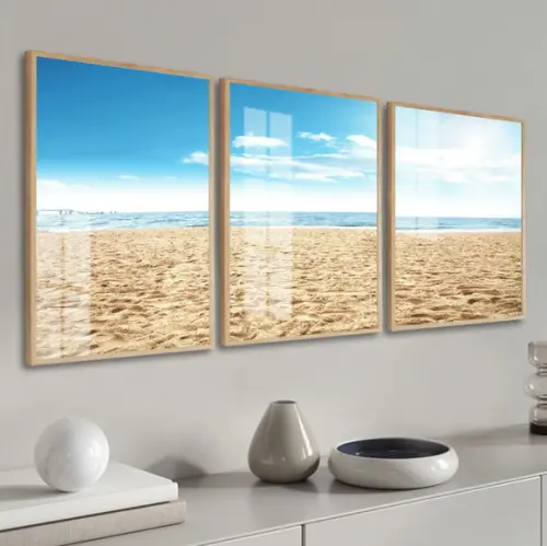 Kit 3 Quadros Decorativos Paisagem Azul Mar Moldura e Vidro