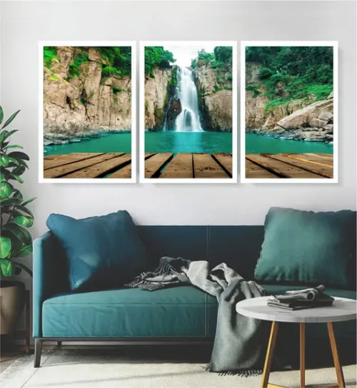 Kit 3 Quadros Decorativos Paisagem Cachoeira Sala Moldura