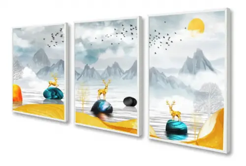 Kit 3 Quadros Decorativos Paisagem Cervos Gold Sala Moldura