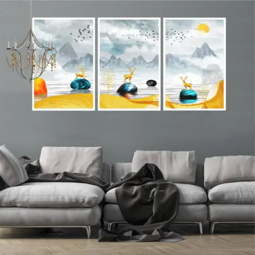 Kit 3 Quadros Decorativos Paisagem Cervos Gold Sala Moldura