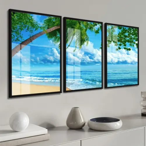 Kit 3 Quadros Decorativos Paisagem Coqueiro Moldura e Vidro