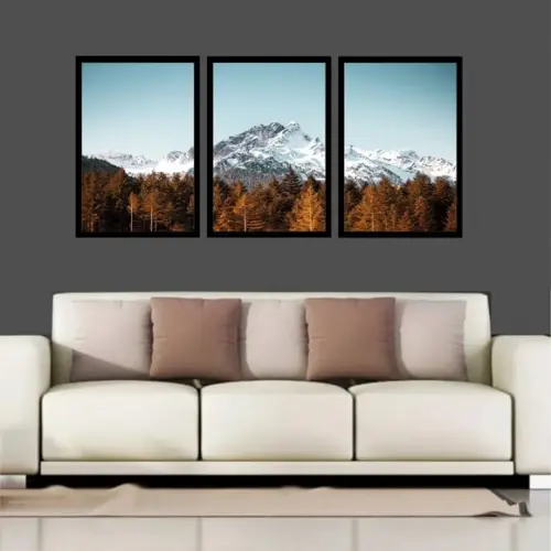 Kit 3 Quadros Decorativos Paisagem Floresta Montanha Moldura