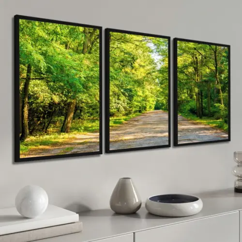 Kit 3 Quadros Decorativos Paisagem Floresta Verde Moldura