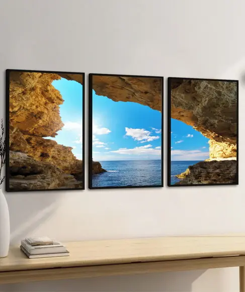 Kit 3 Quadros Decorativos Paisagem Gruta Praia Azul Moldura