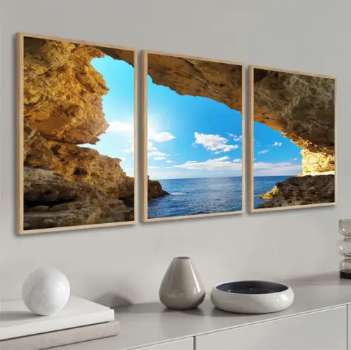 Kit 3 Quadros Decorativos Paisagem Gruta Praia Azul Moldura