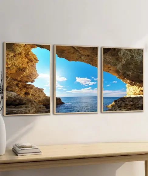 Kit 3 Quadros Decorativos Paisagem Gruta Praia Azul Moldura