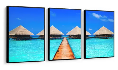 Kit 3 Quadros Decorativos Paisagem Maldivas Resort Moldura