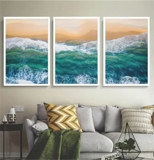 Kit 3 Quadros Decorativos Paisagem Mar Azul Conjunto Moldura