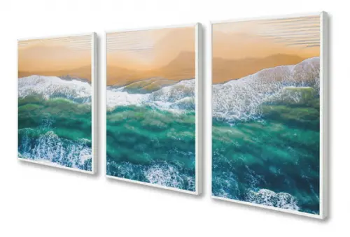 Kit 3 Quadros Decorativos Paisagem Mar Azul Conjunto Moldura
