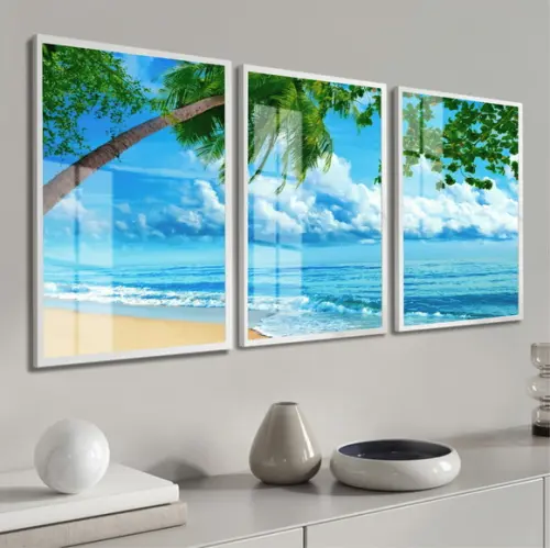 Kit 3 Quadros Decorativos Paisagem Mar Azul Moldura e Vidro