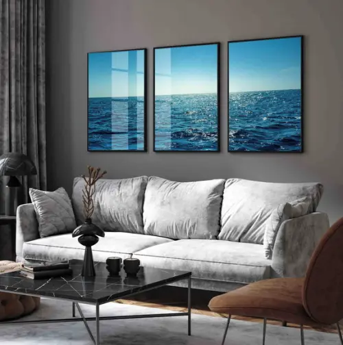 Kit 3 Quadros Decorativos Paisagem Mar Azul Moldura e Vidro