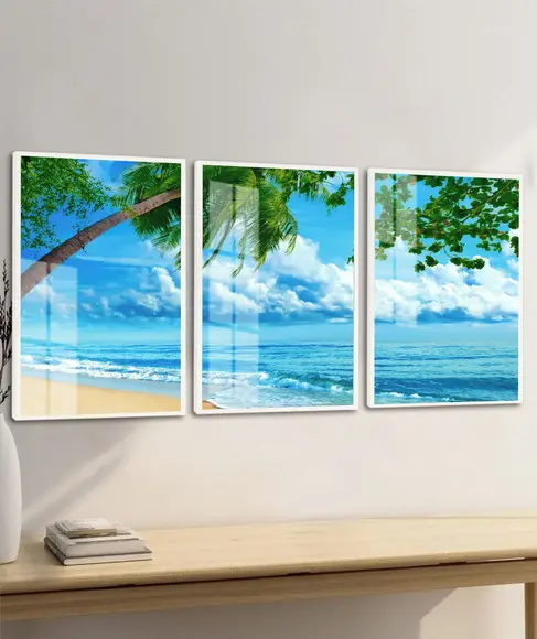 Kit 3 Quadros Decorativos Paisagem Mar Azul Moldura e Vidro