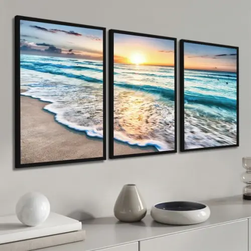 Kit 3 Quadros Decorativos Paisagem Mar Azul Por do Sol Sala