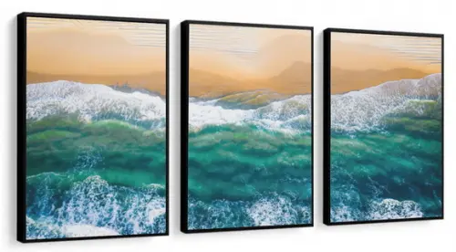 Kit 3 Quadros Decorativos Paisagem Mar Azul Praia Moldura