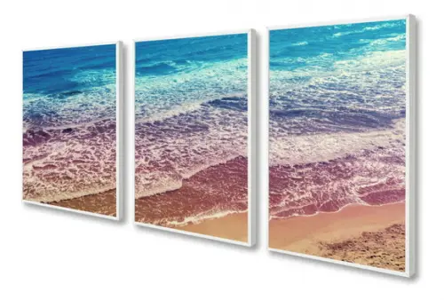 Kit 3 Quadros Decorativos Paisagem Mar Azul Sala Com Moldura