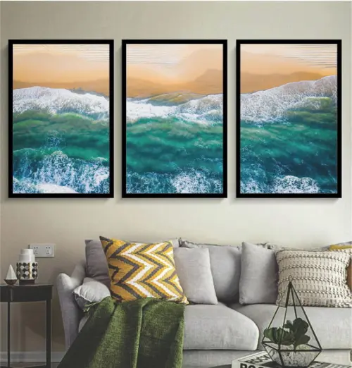 Kit 3 Quadros Decorativos Paisagem Mar Azul Praia Moldura