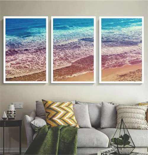 Kit 3 Quadros Decorativos Paisagem Mar Azul Sala Com Moldura