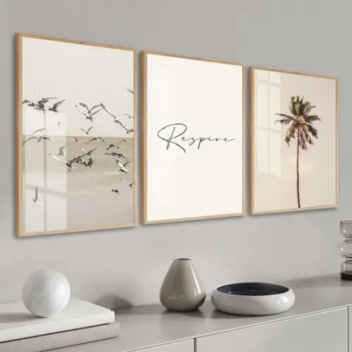 Kit 3 Quadros Decorativos Paisagem Mar Frase Moldura E Vidro