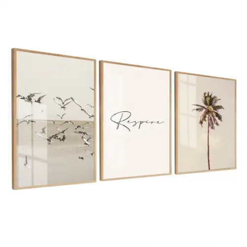 Kit 3 Quadros Decorativos Paisagem Mar Frase Moldura E Vidro