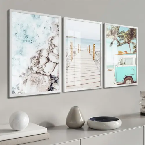 Kit 3 Quadros Decorativos Paisagem Mar Kombi Moldura E Vidro