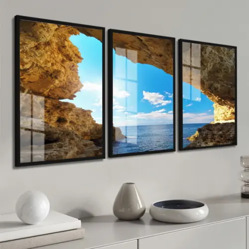 Kit 3 Quadros Decorativos Paisagem Mar Gruta Moldura e Vidro