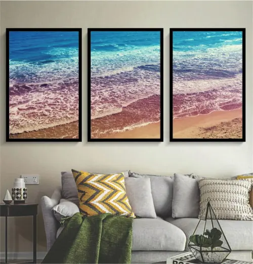 Kit 3 Quadros Decorativos Paisagem Mar Ondas Sala Moldura