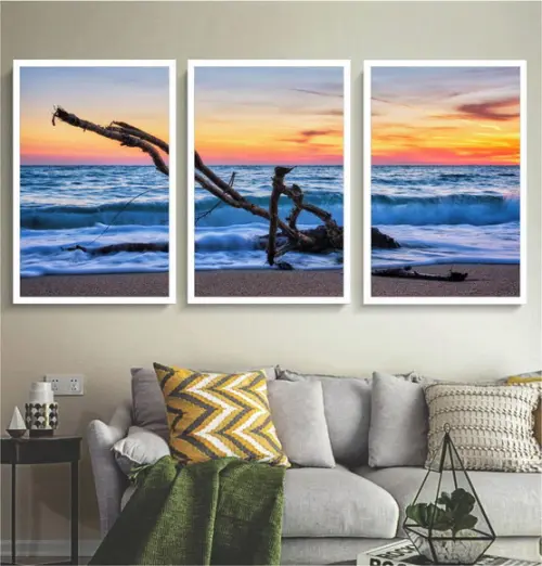Kit 3 Quadros Decorativos Paisagem Mar Pôr Do Sol Moldura