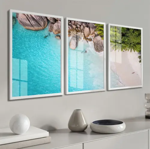 Kit 3 Quadros Decorativos Paisagem Mar Praia Moldura e Vidro