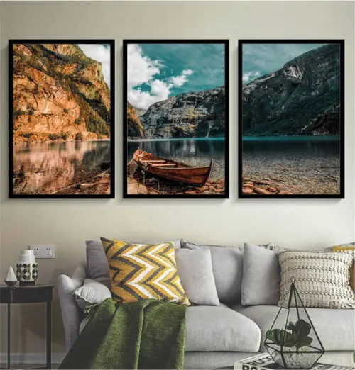 Kit 3 Quadros Decorativos Paisagem Montanha Barco Molduras