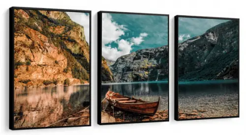 Kit 3 Quadros Decorativos Paisagem Montanha Barco Molduras