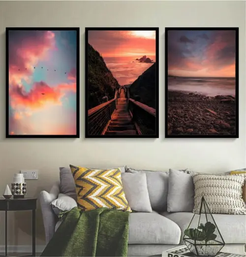 Kit 3 Quadros Decorativos Paisagem Para Sala Praia Moldura