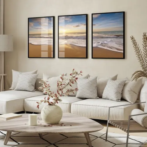 Kit 3 Quadros Decorativos Paisagem Pôr do Sol Mar com Vidro