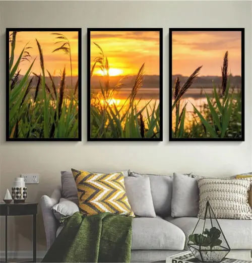 Kit 3 Quadros Decorativos Paisagem Pôr Do Sol Flores Moldura