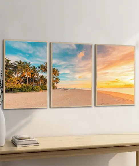 Kit 3 Quadros Decorativos Paisagem Pôr do Sol Mar Moldura