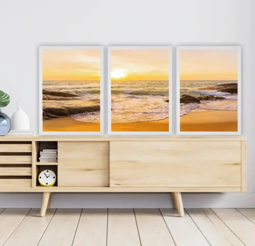 Kit 3 Quadros Decorativos Paisagem Pôr Do Sol Mar Moldura