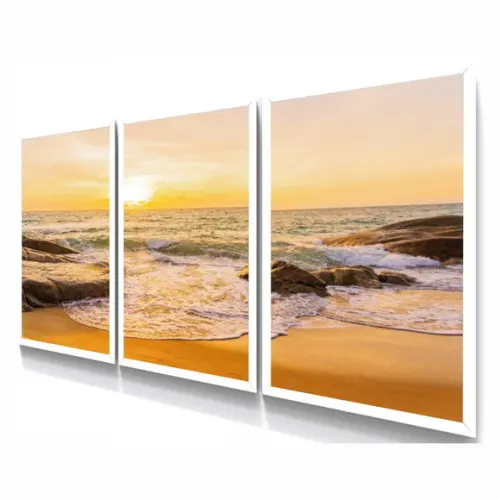 Kit 3 Quadros Decorativos Paisagem Pôr Do Sol Mar Moldura