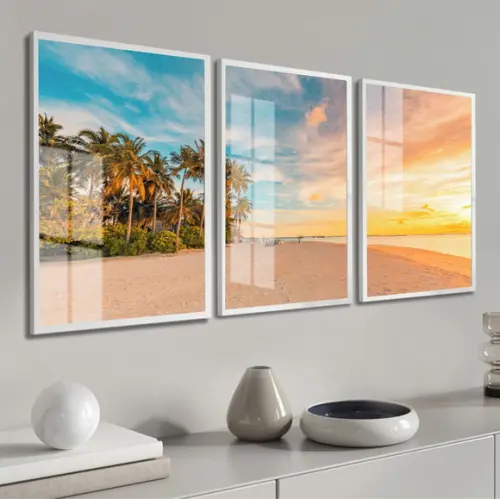 Kit 3 Quadros Decorativos Paisagem Pôr do Sol Moldura Vidro
