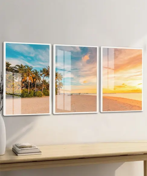Kit 3 Quadros Decorativos Paisagem Pôr do Sol Moldura Vidro
