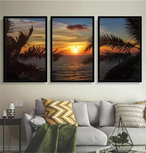 Kit 3 Quadros Decorativos Paisagem Pôr Do Sol Praia Moldura