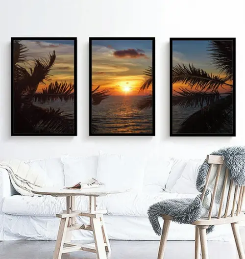 Kit 3 Quadros Decorativos Paisagem Pôr Do Sol Praia Moldura