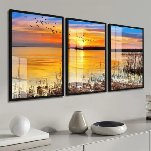 Kit 3 Quadros Decorativos Paisagem Pôr Do Sol Vidro Moldura