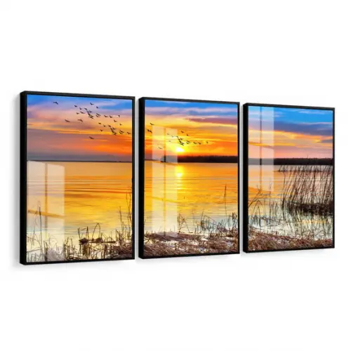 Kit 3 Quadros Decorativos Paisagem Pôr Do Sol Vidro Moldura
