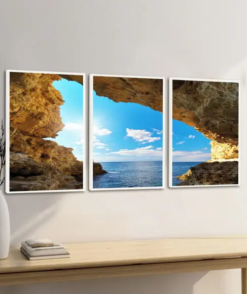 Kit 3 Quadros Decorativos Paisagem Praia Azul Gruta Moldura