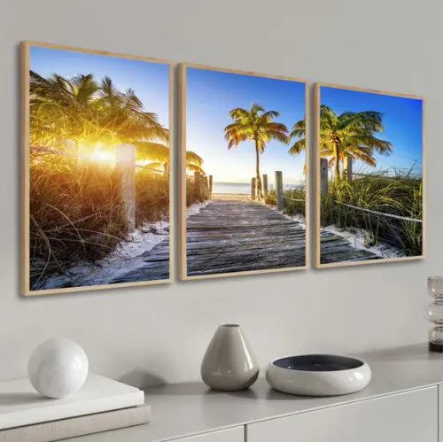 Kit 3 Quadros Decorativos Paisagem Praia Coqueiros Moldura