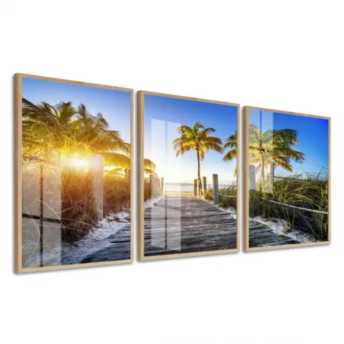 Kit 3 Quadros Decorativos Paisagem Praia Com Moldura E Vidro
