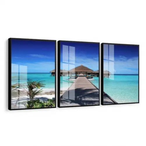 Kit 3 Quadros Decorativos Paisagem Praia Deck Moldura Vidro