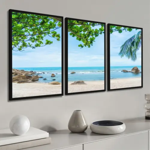 Kit 3 Quadros Decorativos Paisagem Praia e Mar Com Moldura