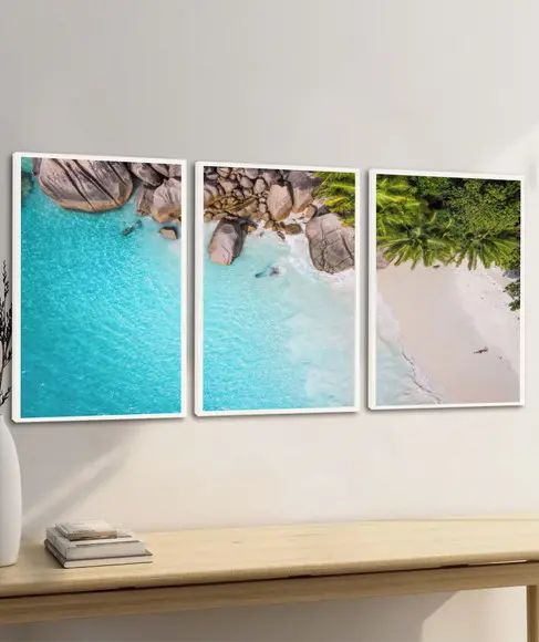 Kit 3 Quadros Decorativos Paisagem Praia Mar Azul Moldura